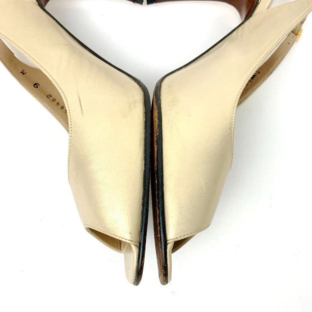 Stuart Weitzman Leather Metallic Gold Slingback Peep Toe Heels Sz 9 - Picture 8 of 16